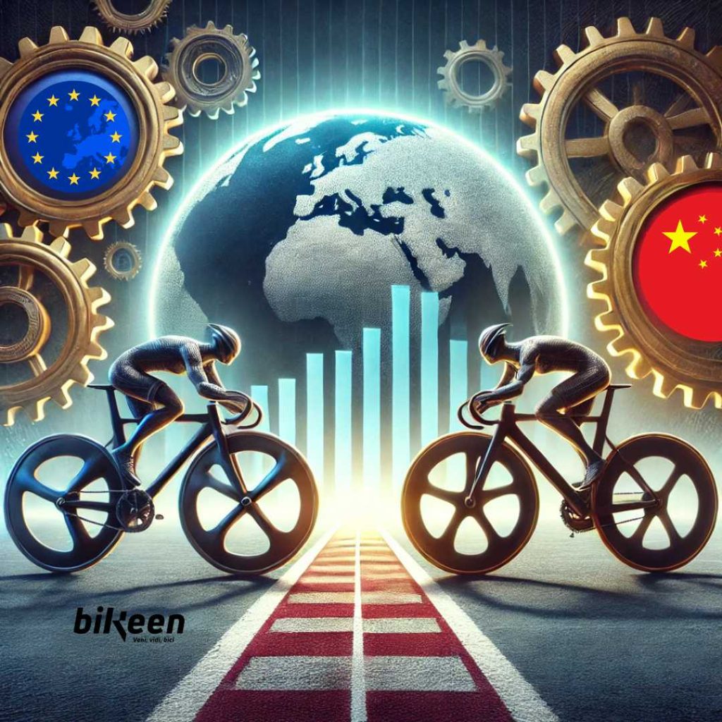 Due bici che sono di due posti diversi nel mondo, a destra c'è la cina e a sinistra c'è l'europa, nello sfondo c'è un grafico che si innalza verso la cina.